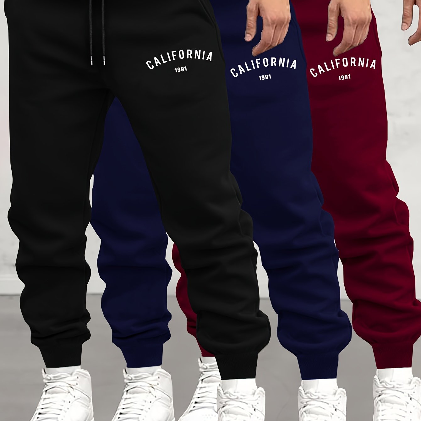 TEMU California Print 3pcs Men's Casual Jogger Sweatpants, Soft Autumn Winter Athletic Track Pants, Comfortable Outdoor Cuffed Drawstring Pants For