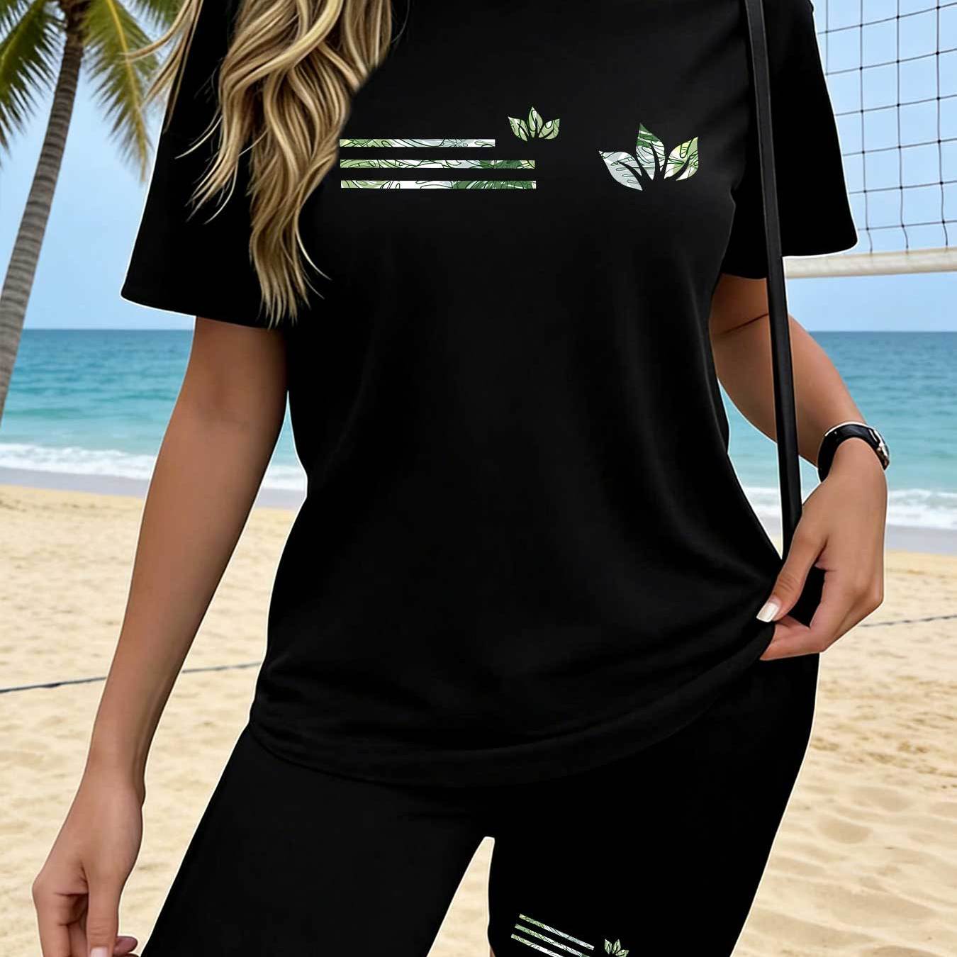 TEMU Y2k Women's 2pcss Set, Geometric Vibrant Graphic Design Trendy Pattern, European And American Women's Round Neck T-shirt And Elastic Waist
