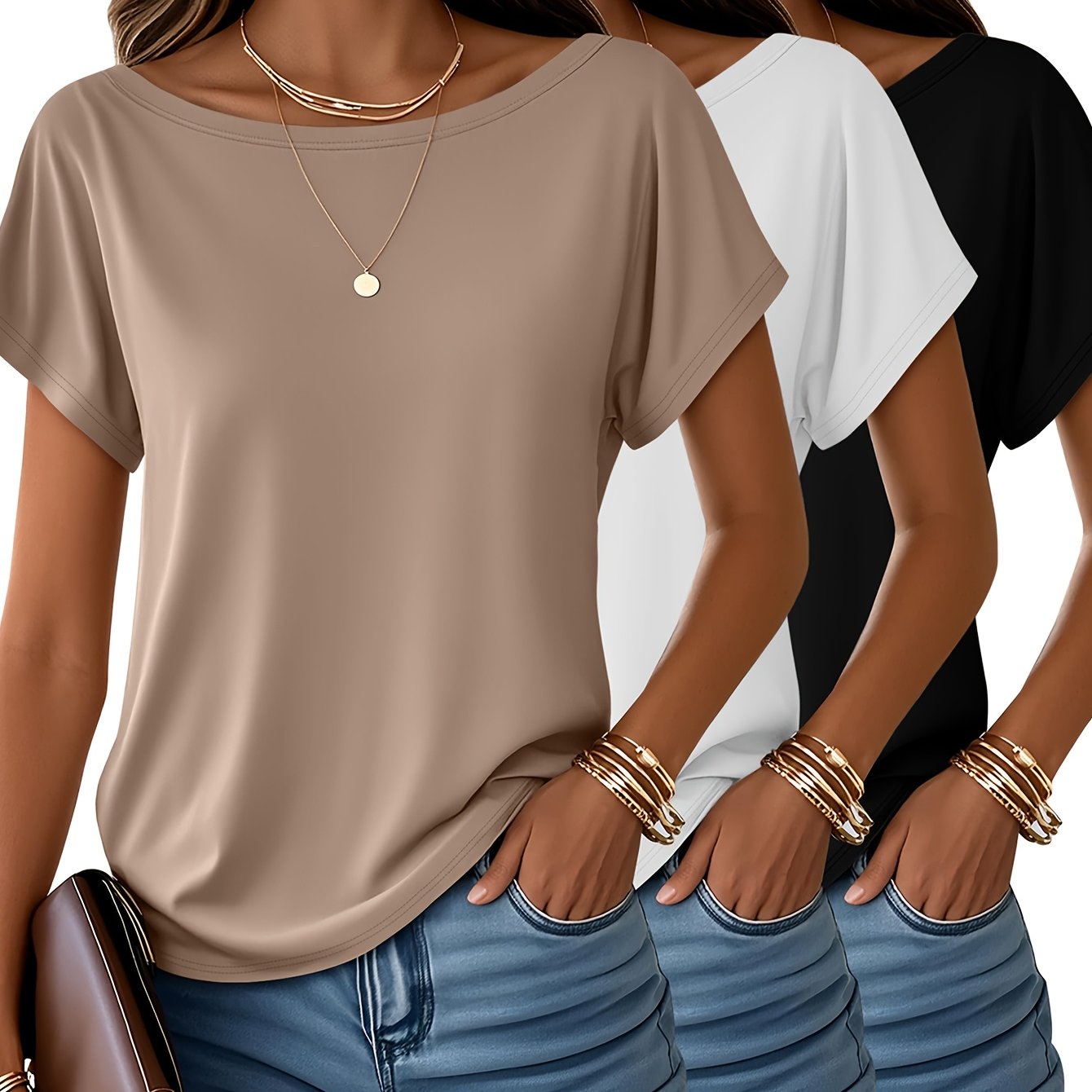 Image of 3pcs Set Women's Fashionable And Elegant Loose-fit Top, Round Neck Short-sleeve T-shirt