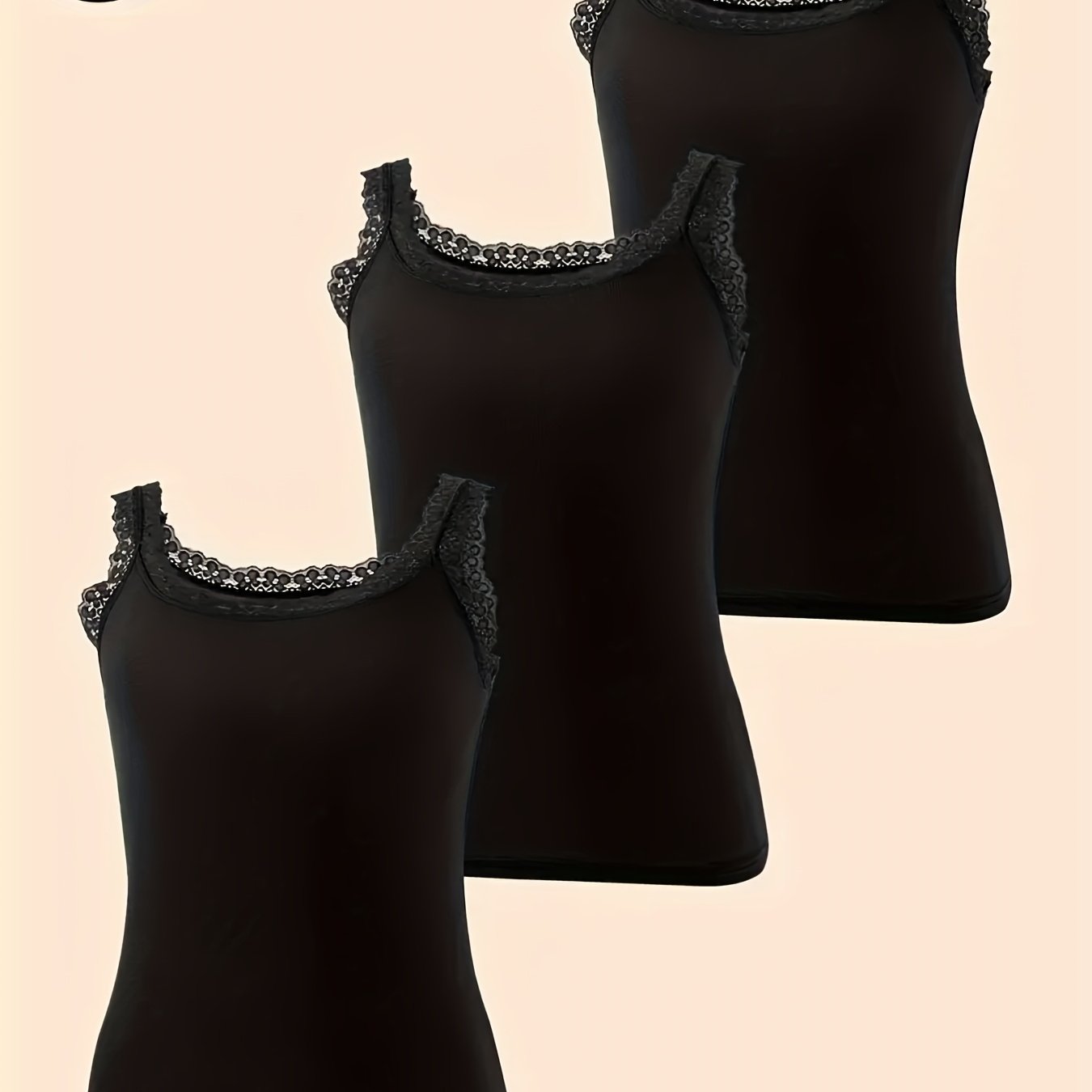 TEMU 3pcs Set Of Solid Color Women's Lace Cami Tops, Elegant Round Neck, Sleeveless, Soft Nylon, , 3pcss Black, Lace Wide Straps, Versatile