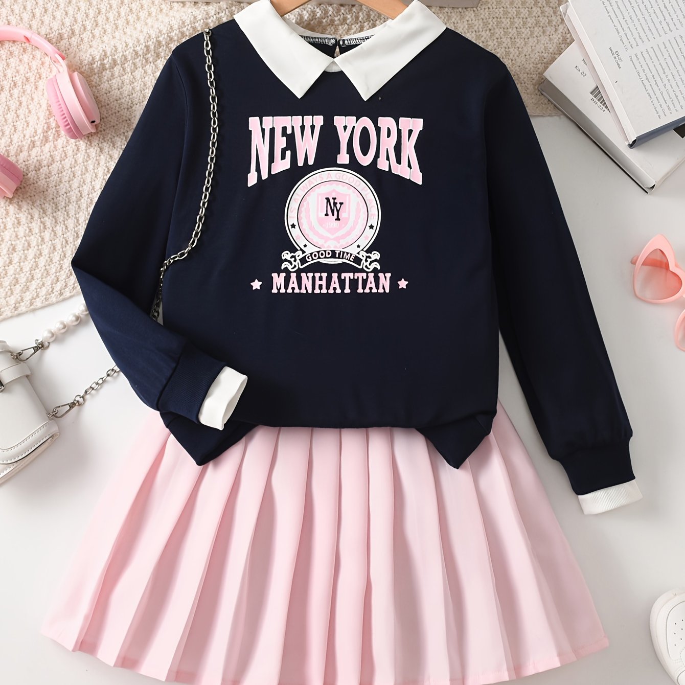 Image of Girl's Letter Print 2-in-1 Look Shirt Collar Casual Long Sleeve Sweatshirt + Skirt Set, Little Girl's Preppy Style Solid Color Pleated Short Skirt 2-piece Set