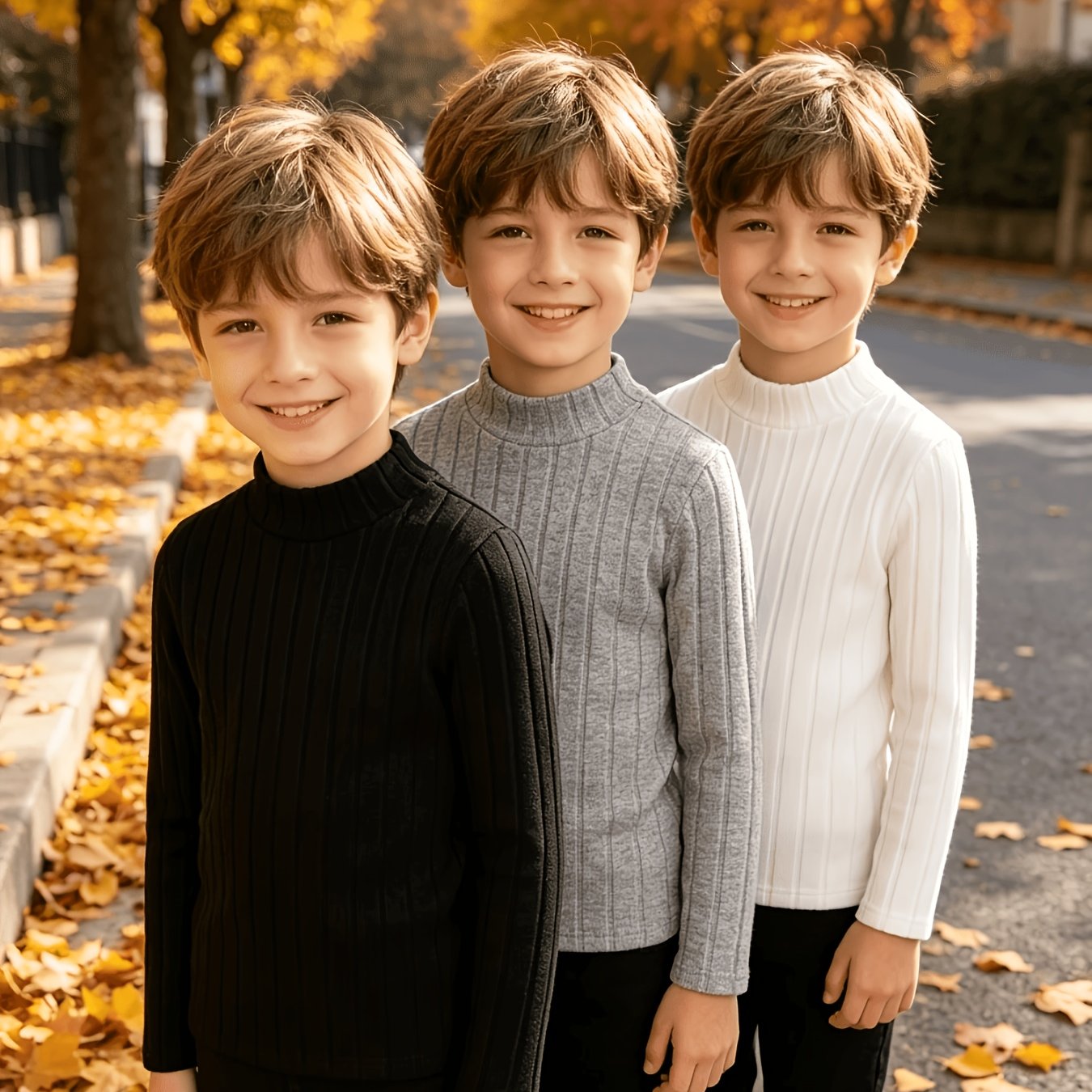 Image of 3pcs Boys And Girls Plush Solid Color Knit Turtleneck Base Layer, Comfortable Warm Clothing For Autumn And Winter Daily Wear, Back To School Essentials