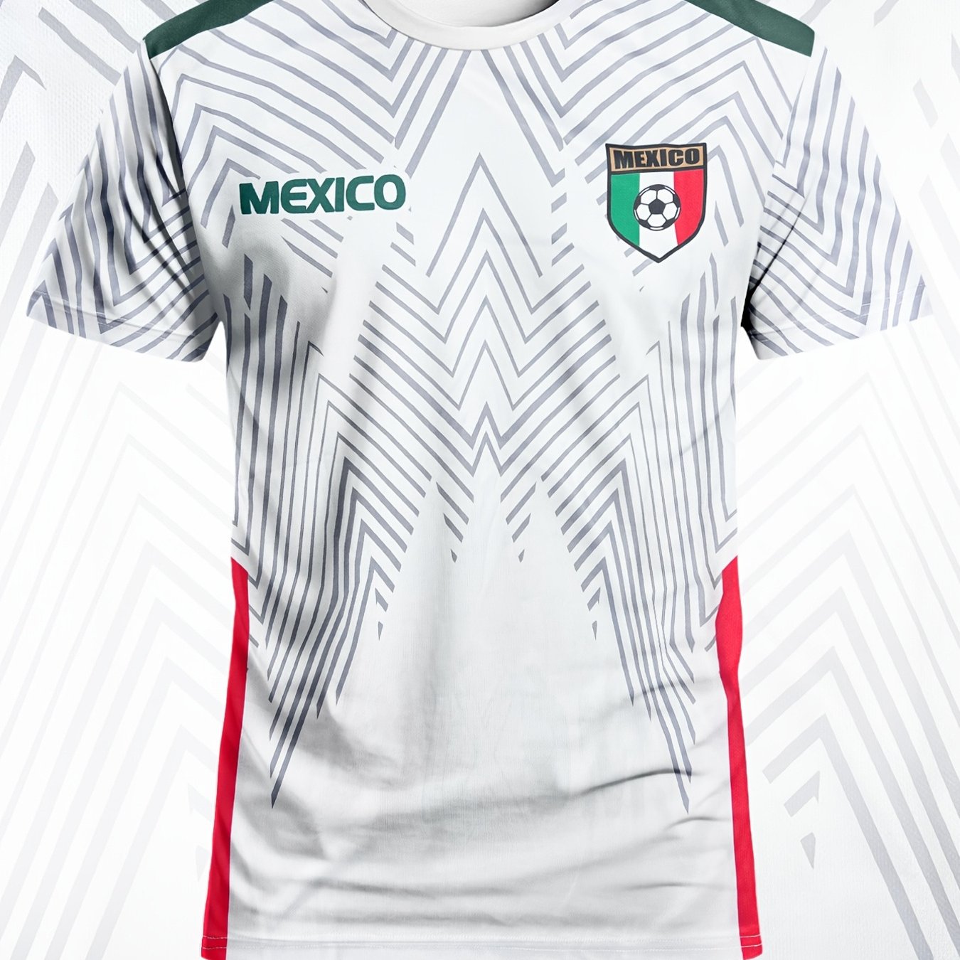 TEMU New. Men's Soccer Jersey - Slim-fit Breathable Sportswear Featuring Vibrant Geometric Patterns, Red And Gray Stripes, And 