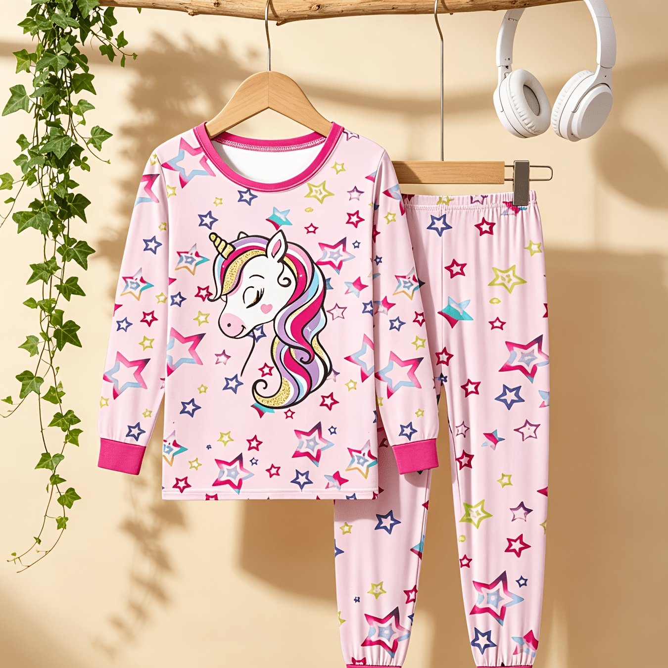 Image of Magical Unicorn And Stars 2pcs Girls' Pajama Set, Long Sleeve Pink Top With Matching Pants, Winter Cozy Sleepwear | Print | Machine Washable Flame Retardant Fabric, Unicorn Lover Gift 2-9
