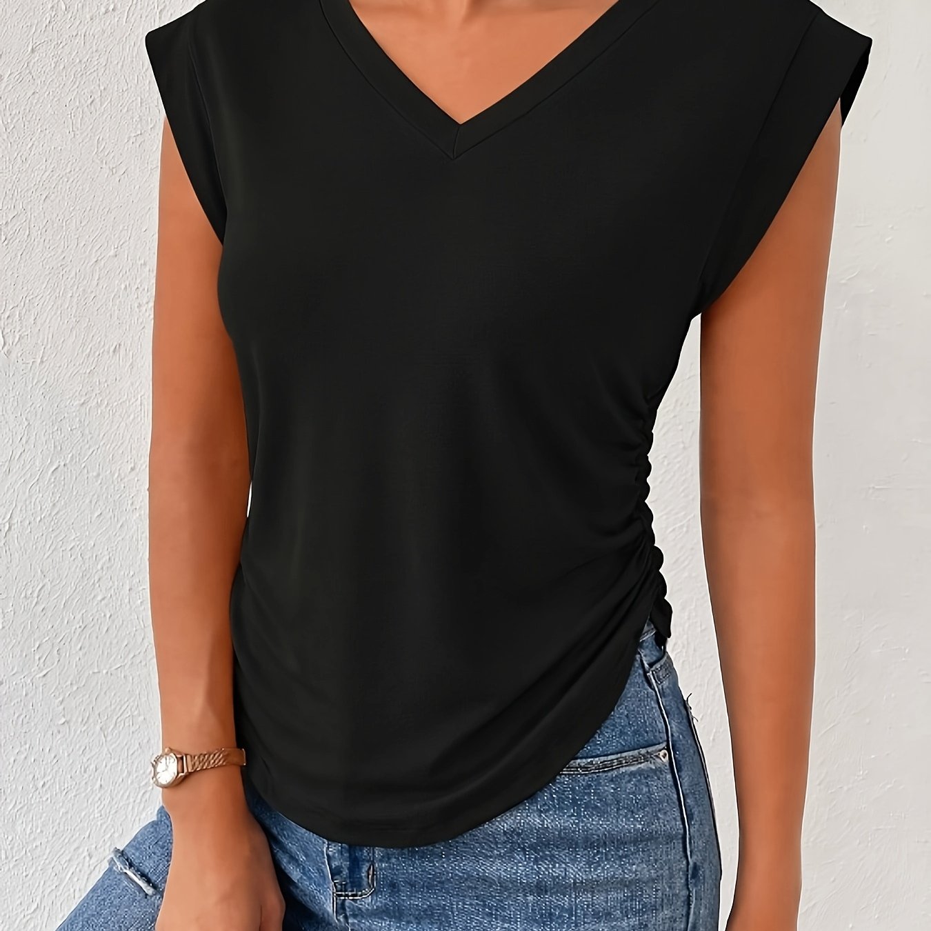 TEMU Women's Summer Solid V-neck Ruched Waist Sleeveless Casual Athletic Versatile T-shirt