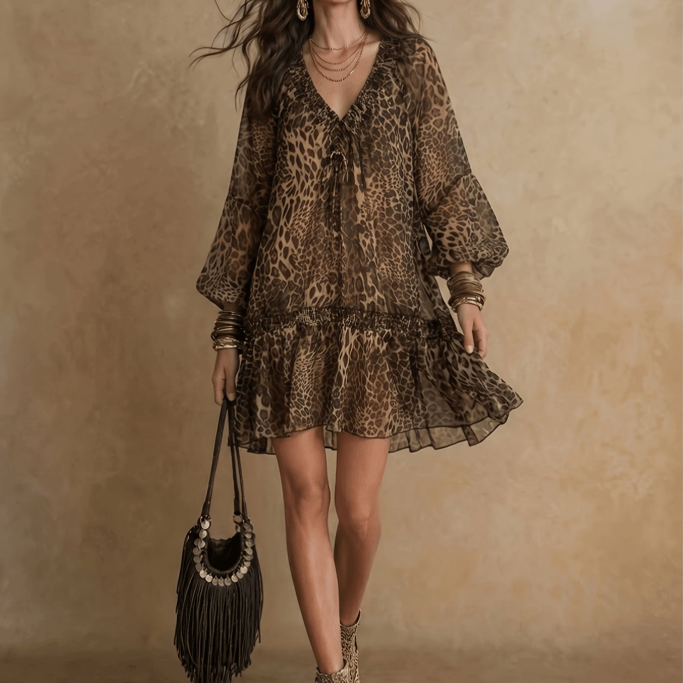 TEMU Robe PLMM style bohème à col en V avec cordon de serrage, imprimé léopard, en mousseline de soie et ourlet à volants