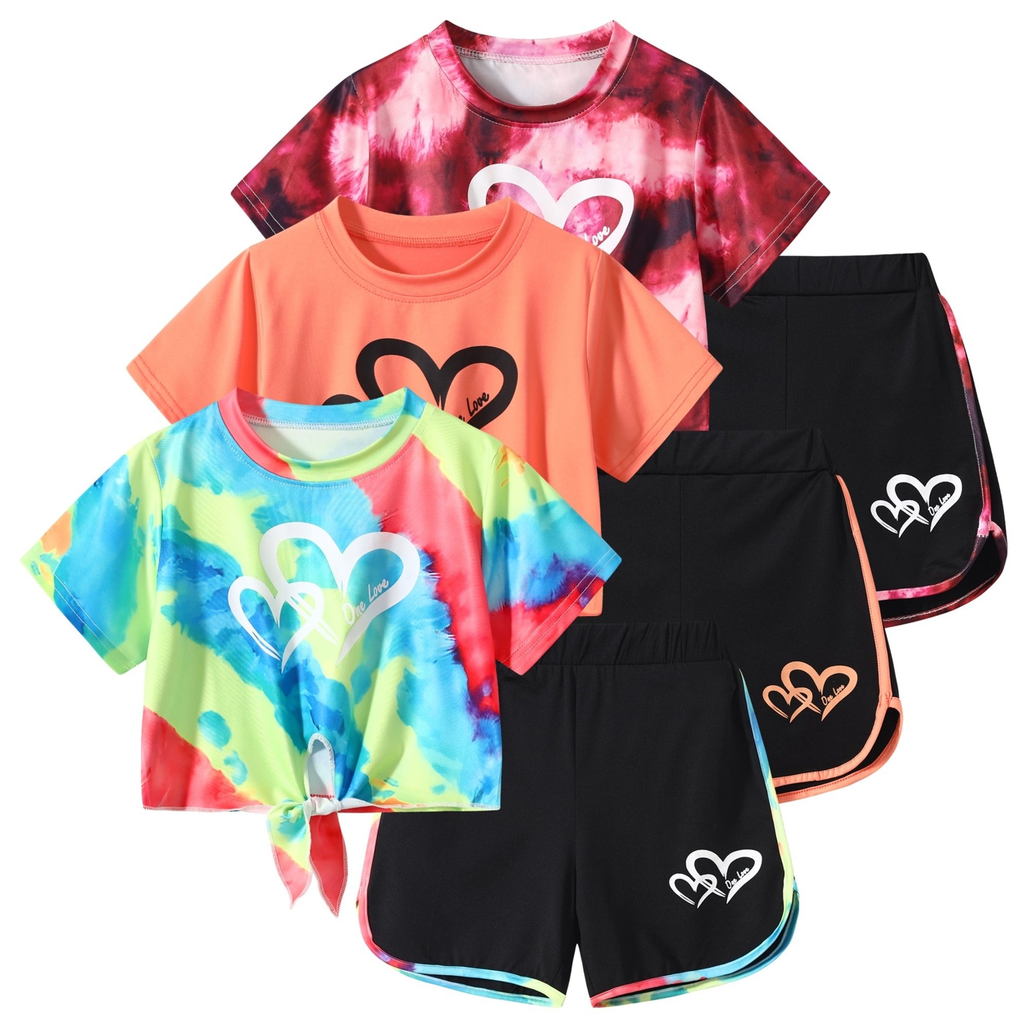 TEMU 6pcs, Girls Love Print Camouflage Design Short Sleeve Athletic Shorts Summer Suit, For Outdoor