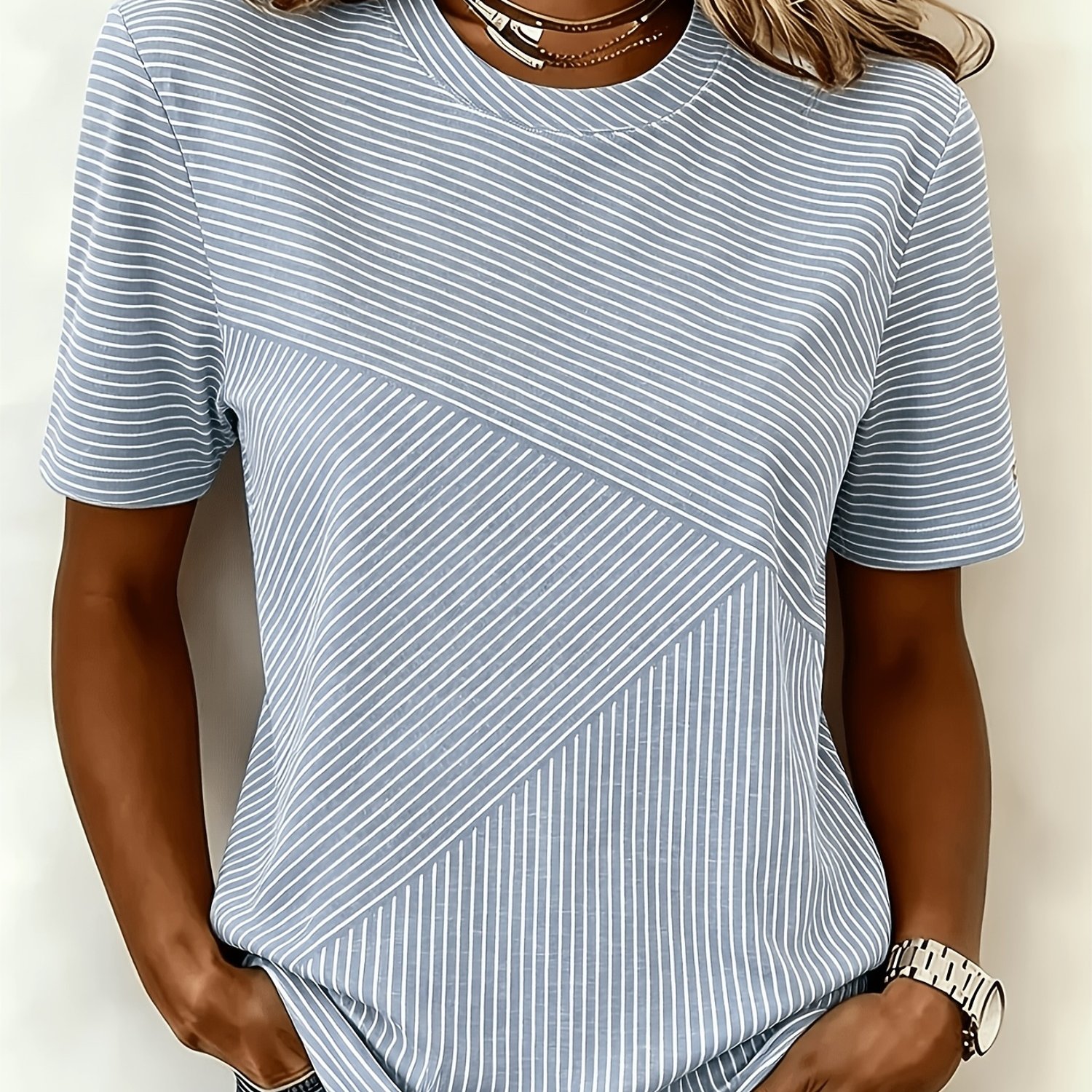 TEMU Women's Striped Round Neck Short Sleeve T-shirt - Casual Ombre Suitable For Spring Summer Fall -compatible Machine Washable Minimalist Top For