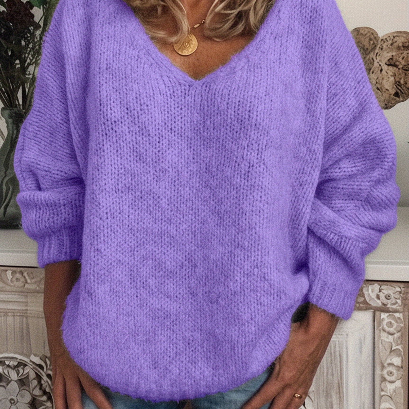 TEMU Solid Color V-neck Pullover Sweater, Sexy Loose-fit Relaxed Top, Multiple Styles , : 945508220