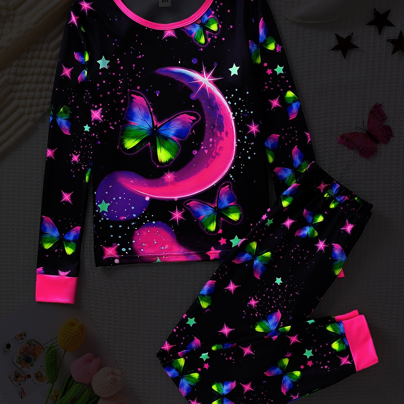 2pcs Girls' Starry Print Ankle-length Long Sleeve Pants Pajama Set ( Irradiated)