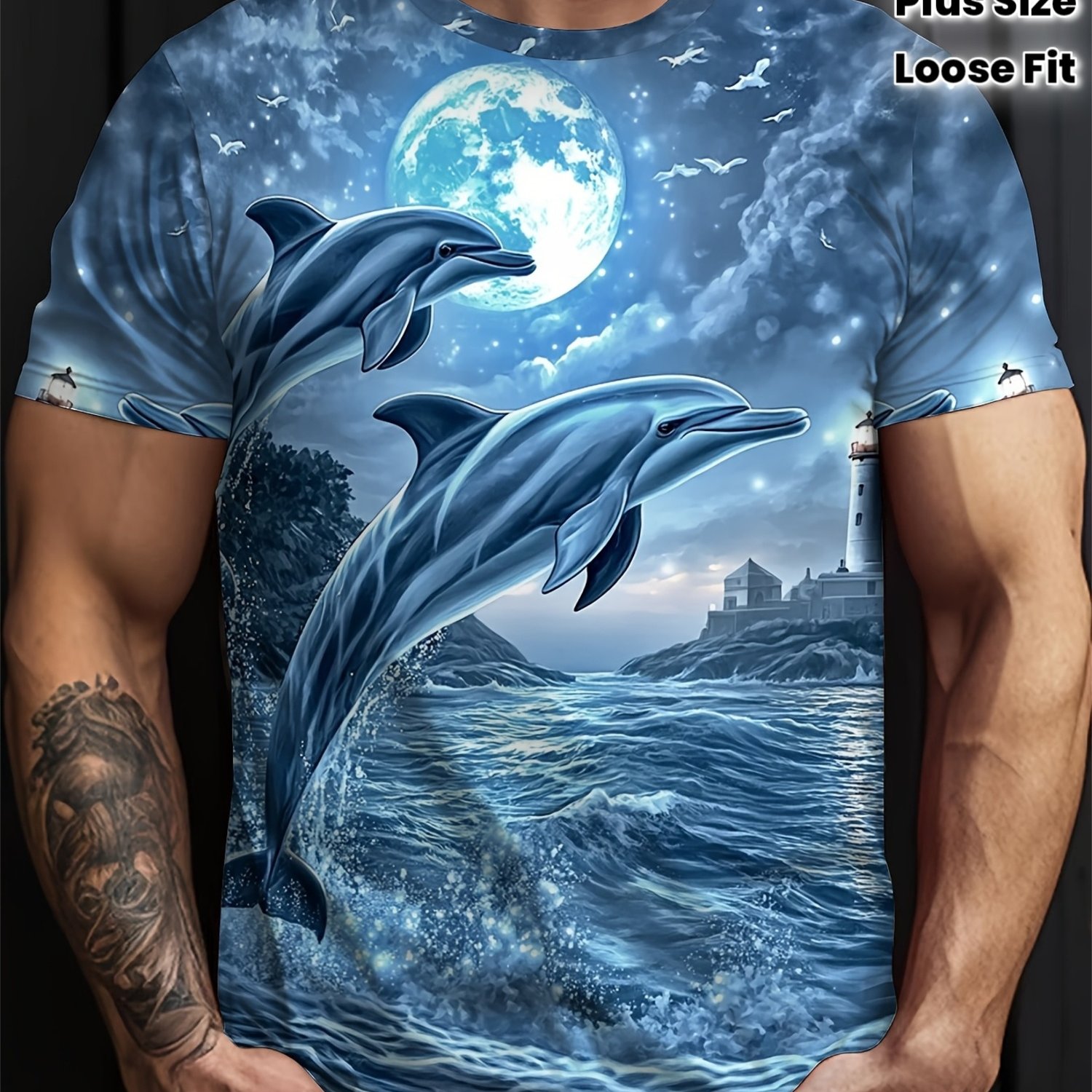 TEMU Plus Size Dolphin T-shirt, Loose Fit Inclusive Of Belly. Blue Gradient And Dynamic Dolphin With Aura, Fresh And Trendy For Plus-size Men,