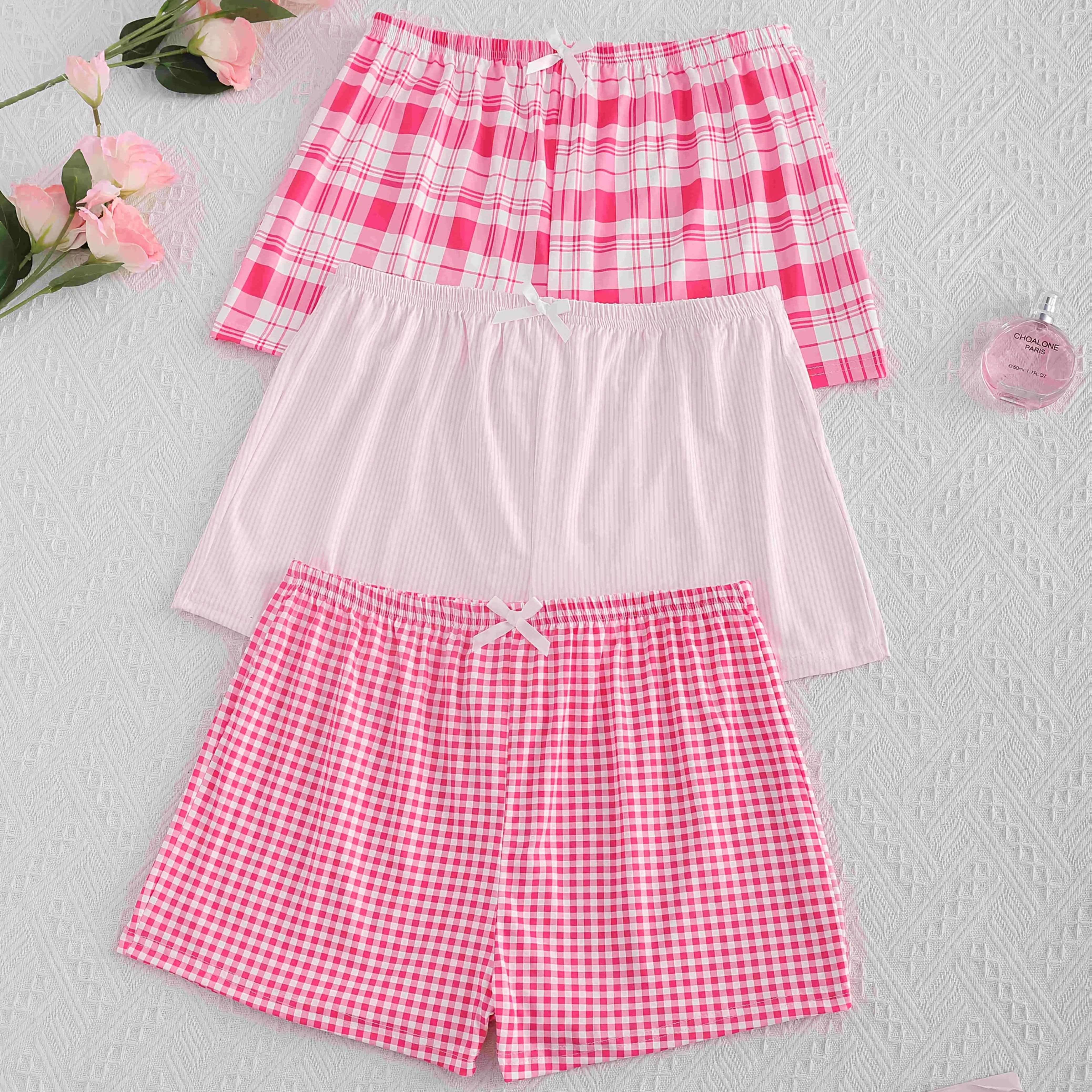E-shop 3pcs Damen Loungewear Set - Bequeme Polyester Kurze Schlafhose mit Schleifen-Detail, Strickstoff, Elastischer Bund, Lässige Home Shorts - Rosa