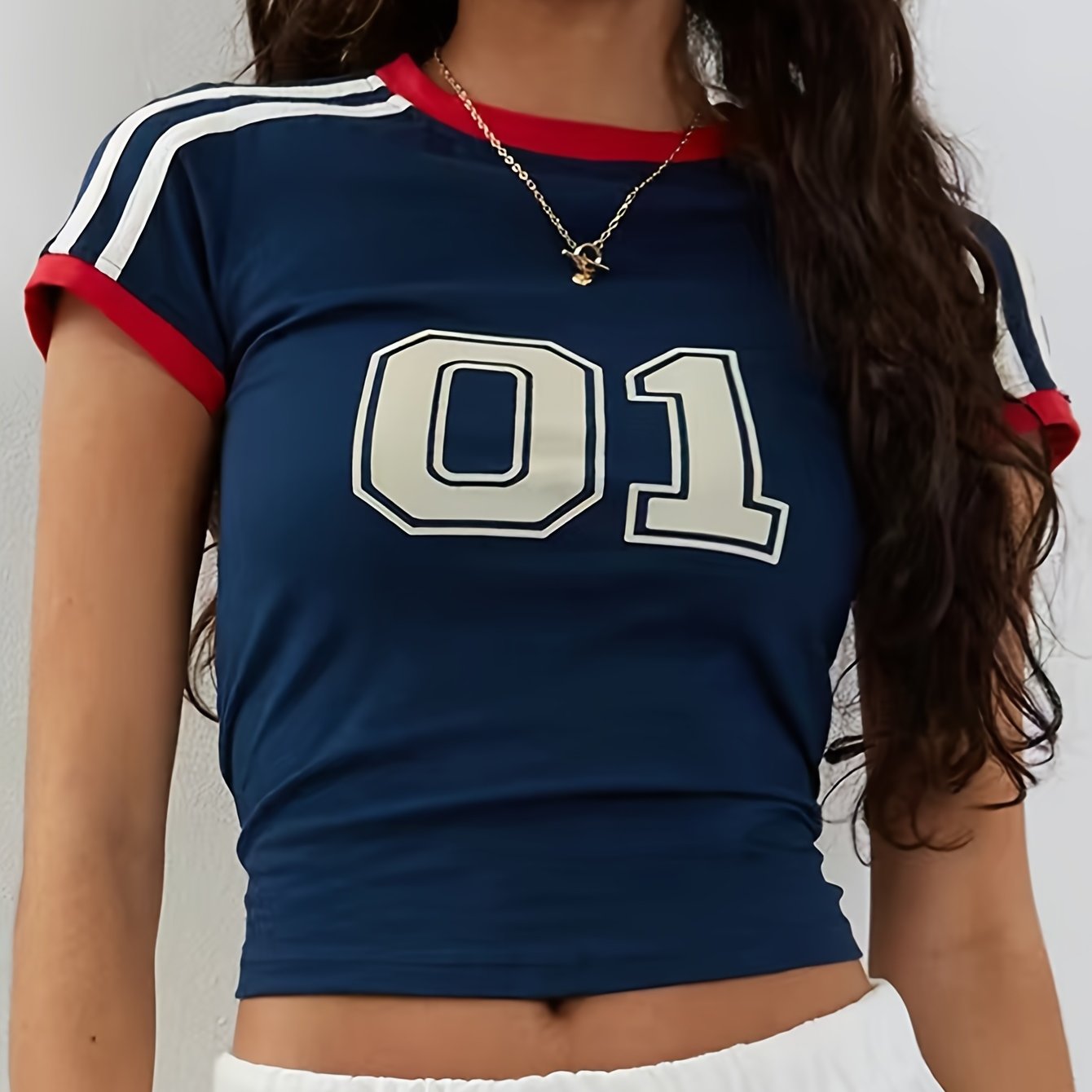 TEMU 01 프린트 크루넥 티셔츠, Y2K 반팔 크롭 티, 봄 & 여름 여성 의류|크롭티