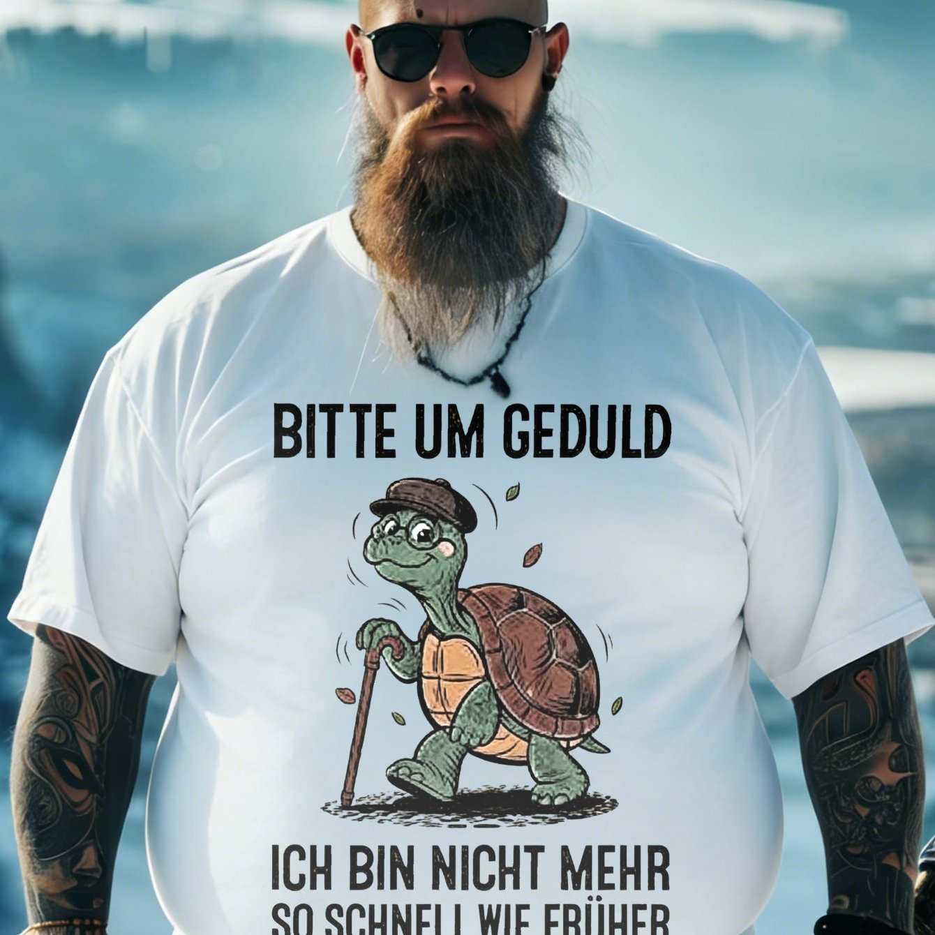 Image of White T-shirt With Turtle And German Text Graphic For Outdoor Activities And Casual Wear, Plus Size