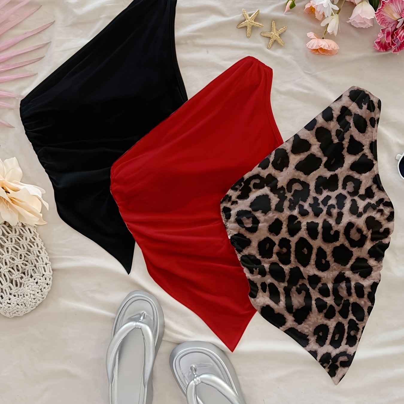 TEMU 3pcs Women's Leopard Print Solid Color Asymmetrical Hem Off-shoulder Tops, Suitable For Summer And Beach Wear, Leopard Print Tops For Going Out