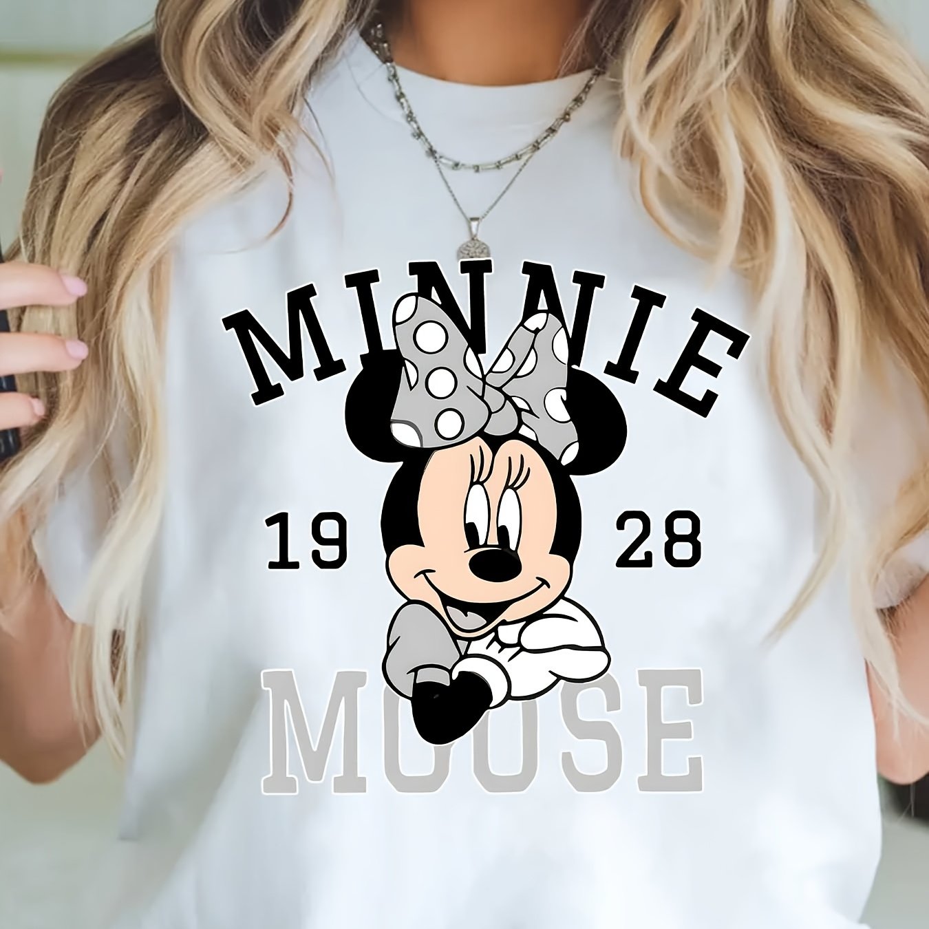 TEMU Women's & Mouse Graphic T-shirt - 100% Cotton Casual Short Sleeve Round Neck Tee With Polka Dot , Machine Washable Spring Summer , Everyday | Graphic Design | Breathable Fabric, Shirts