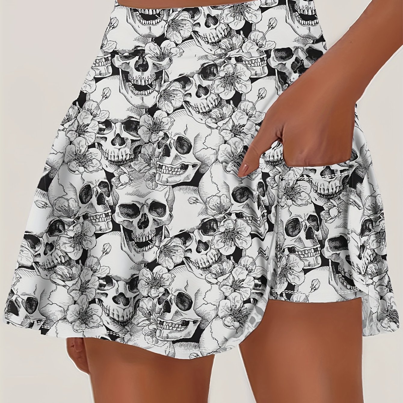 TEMU Summer Ladies Thin Sports Tennis Skirt And Shorts With Pockets, Black And White Flower Skull Print, Suitable For Running Yoga Fitness.