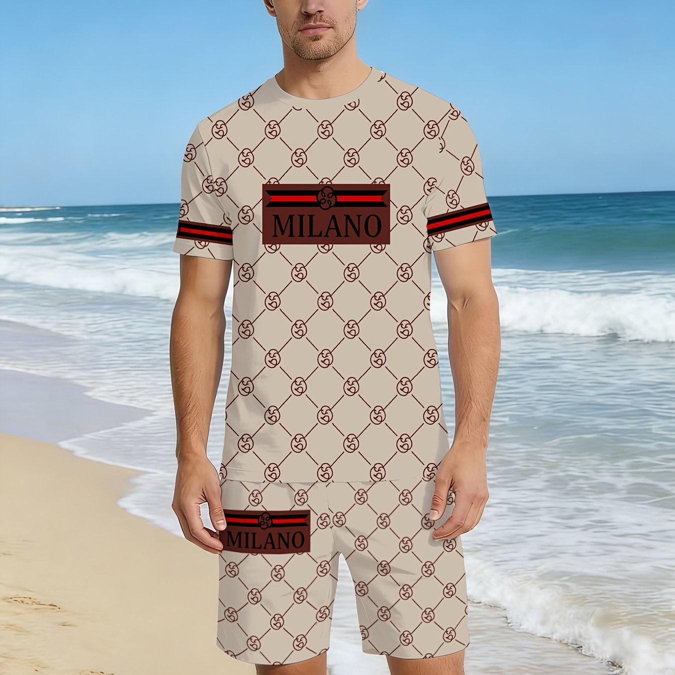 TEMU 2pcs Men's Casual T-shirt And Shorts Set, Casual Athletic Pattern, Round Neck Short Sleeve Top With Drawstring Shorts, Suitable For Summer Wear,