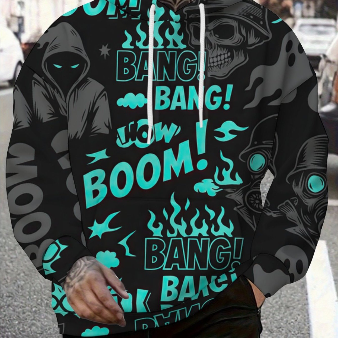 Image of Hooded Men's Style Trendy Graphic Sweatshirt With Neon Bang Wow Text Skull Hooded Figure Flames Smoke Pattern Men's Wear For Adults Men Casual Wear