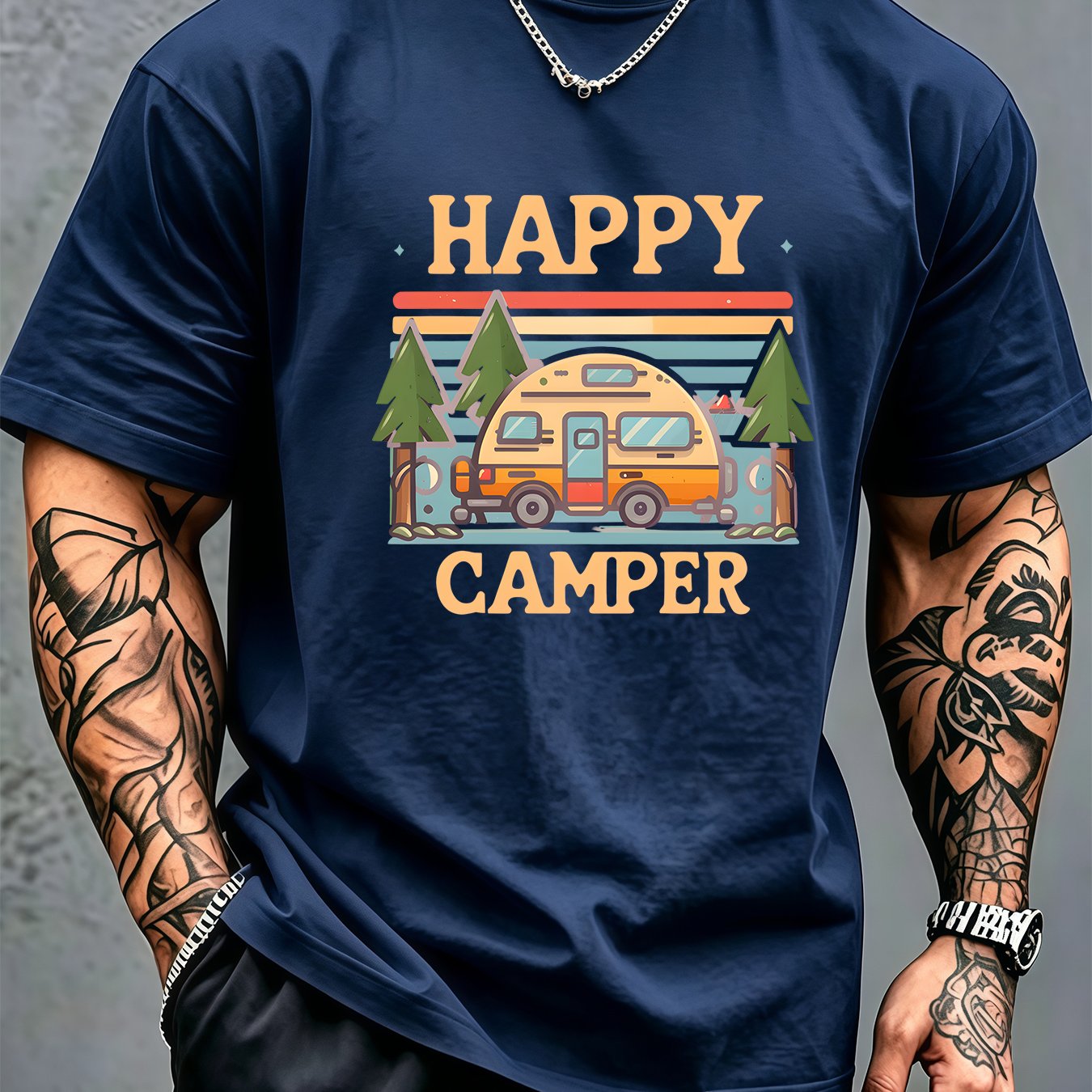TEMU Men' Graphic T-shirt - Retro Outdoor Camping Shirt With Van & Tent Print, Soft Breathable 100% Polyester, Short Sleeve Crew Neck Tee Suitable
