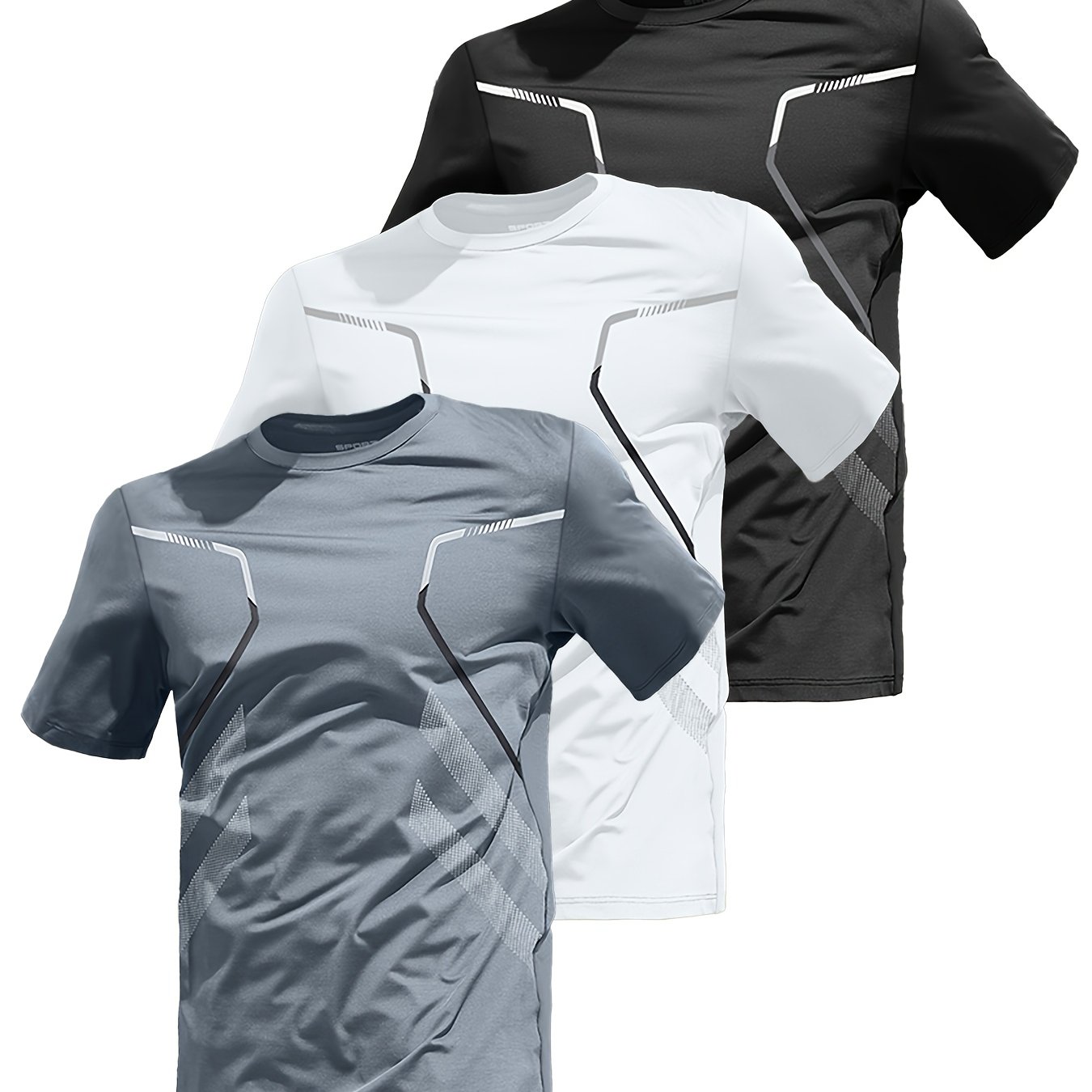 Image of Men's 3pcs Premium Short Sleeve T-shirt Set - Breathable, Lightweight, Quick-dry, Athletic Wear, Round Neck