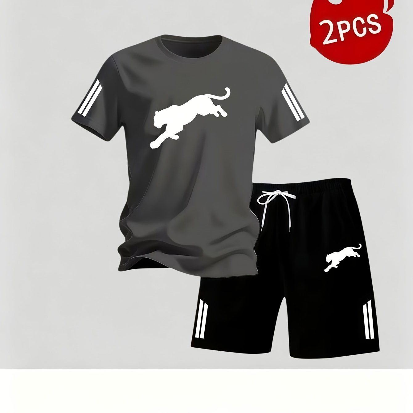 TEMU Men's Casual Athletic Short Sleeve And Shorts 2pcs Set, Easy Leopard Print Short Sleeve T-shirt And Loose Drawstring Shorts, Comfortable And