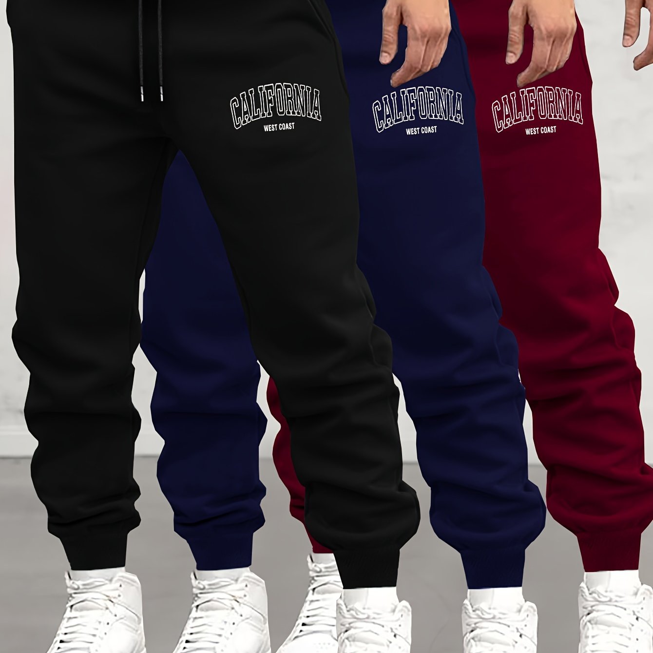 TEMU 3pcs Men's Casual Joggers - Comfortable Polyester Sweatpants With Drawstring, Geometric Pattern | Machine Washable