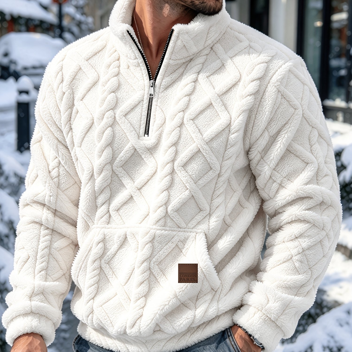 TEMU Sweatshirt pour Homme 1 pièce Automne Hiver, Col Jacquard , à Fermeture Éclair, Manches Longues, , Pull Chaud et Confortable , Coupe Régulière,