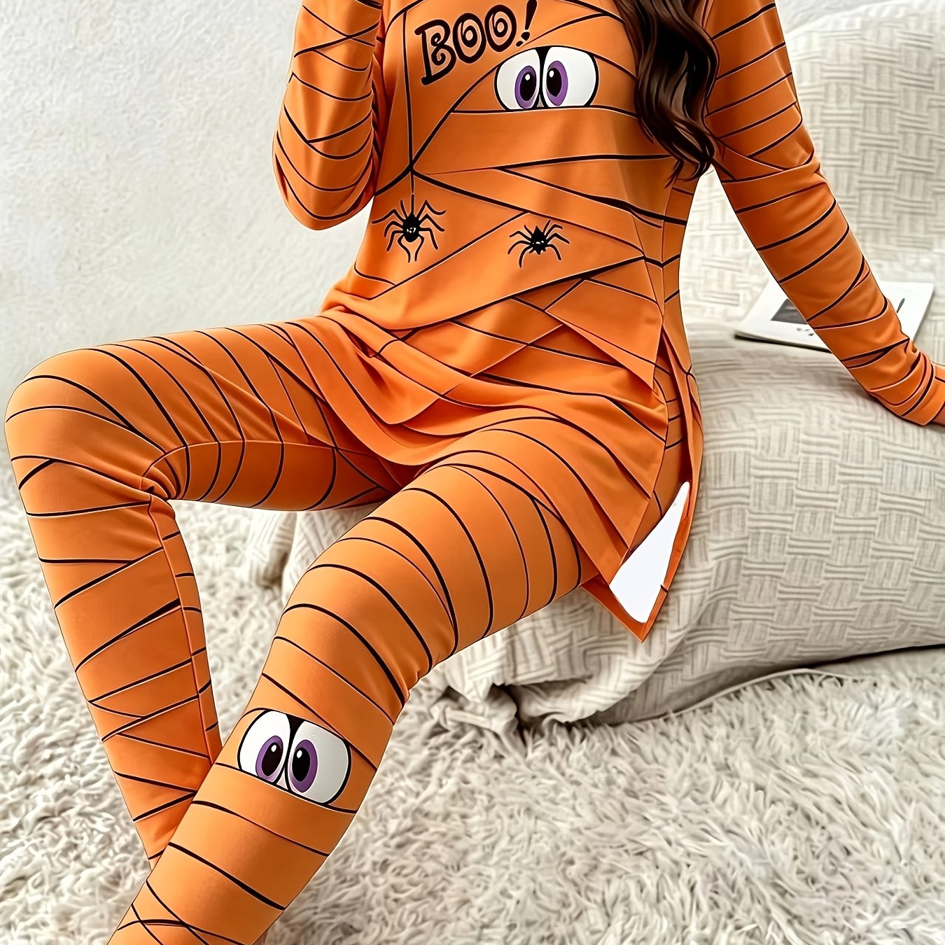 TEMU Women's Halloween Boo Spider Pattern 2pcs Set, Long Sleeve Slit Top And Stretchy Leggings, Halloween Casual Loungewear Set, Suitable For Daily