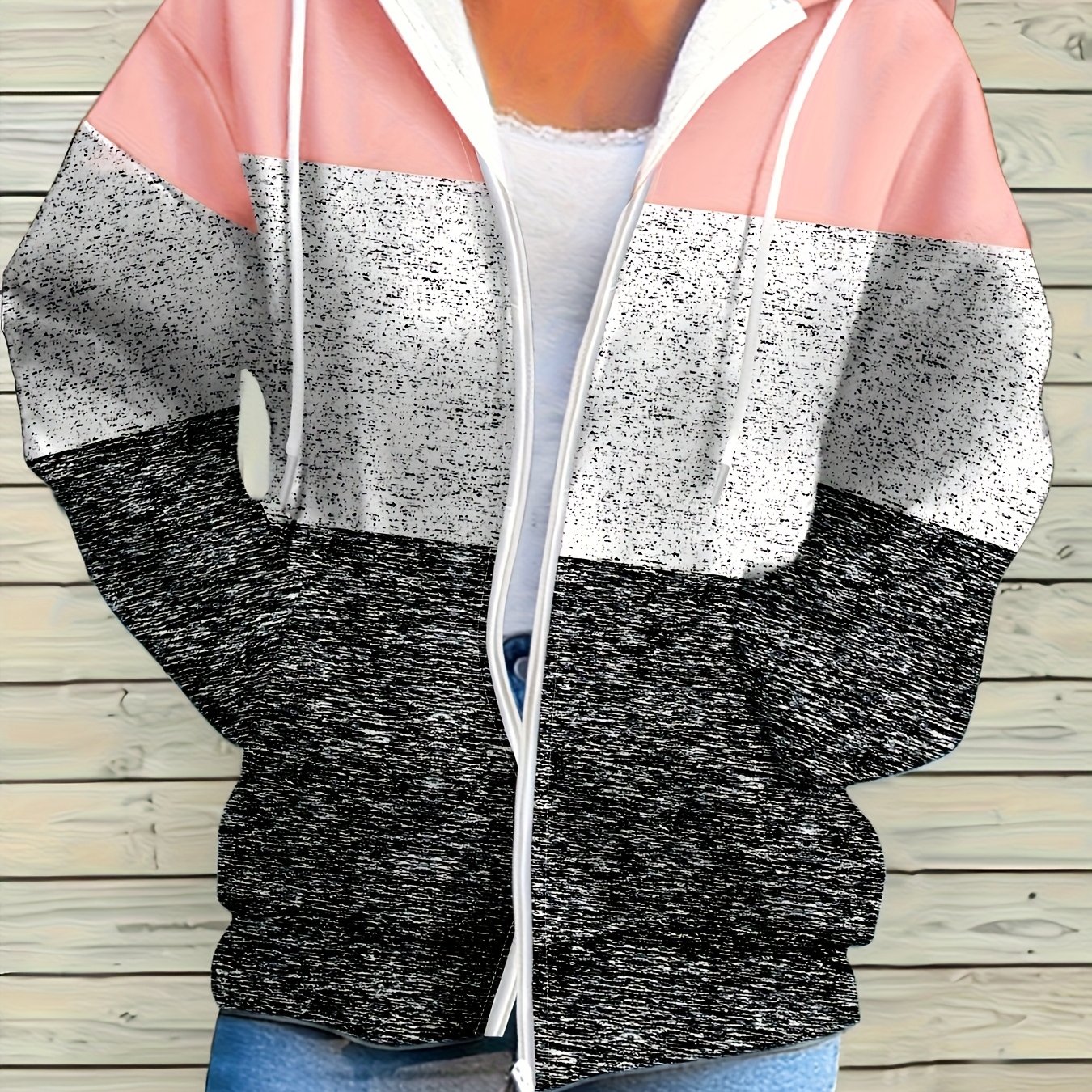 Image of Women's Elegant Color-block Zip-up Hoodie - Long Sleeve Pullover With Drawstring Hood, Machine Washable Casual Sweatshirt, Sweater Hoodie, Everyday Wear, Durable Fabric