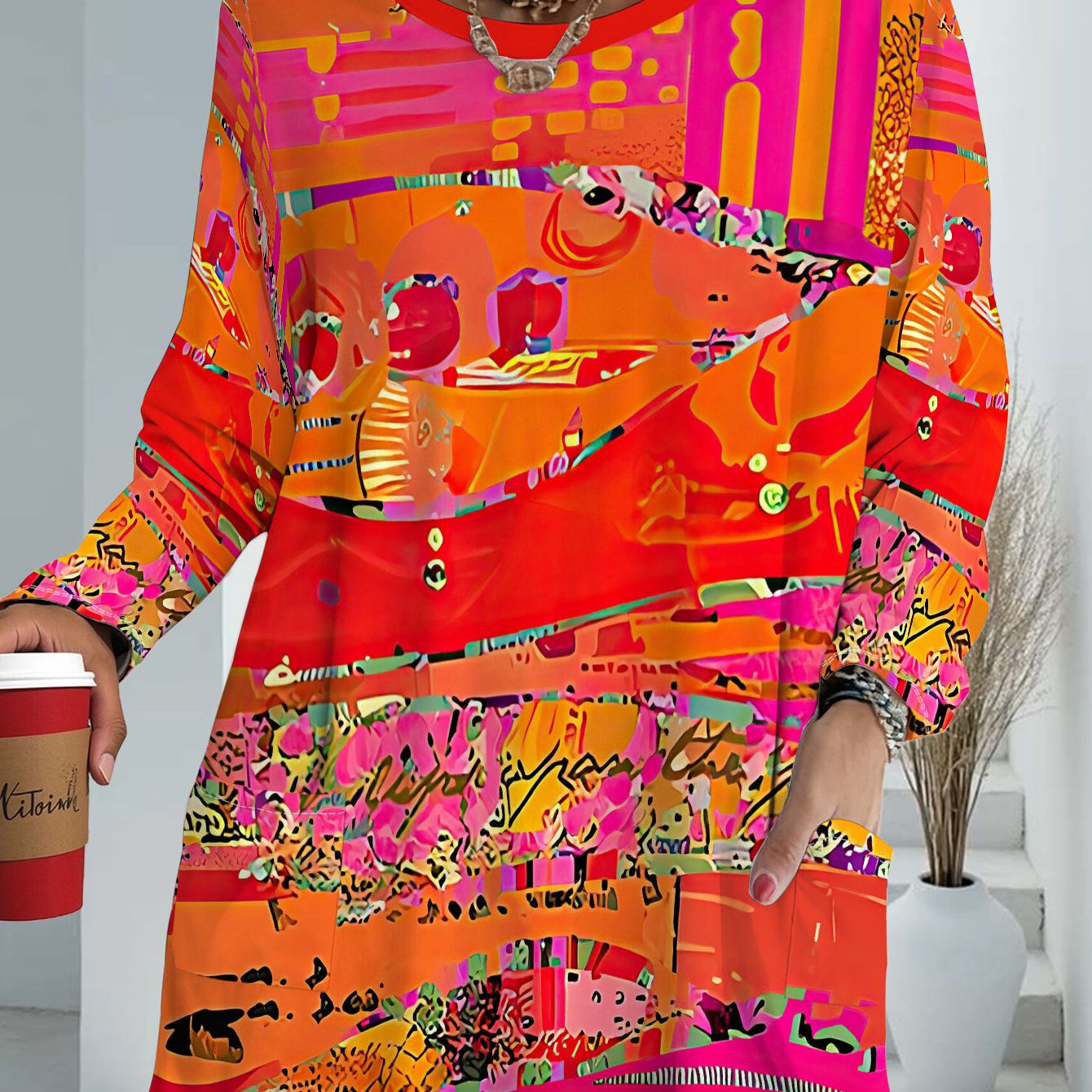 TEMU Women's Plus Size Pocket Retro Print Loose Long Sleeve T-shirt, Women's Fall Style Trendy Versatile Fashion Top
