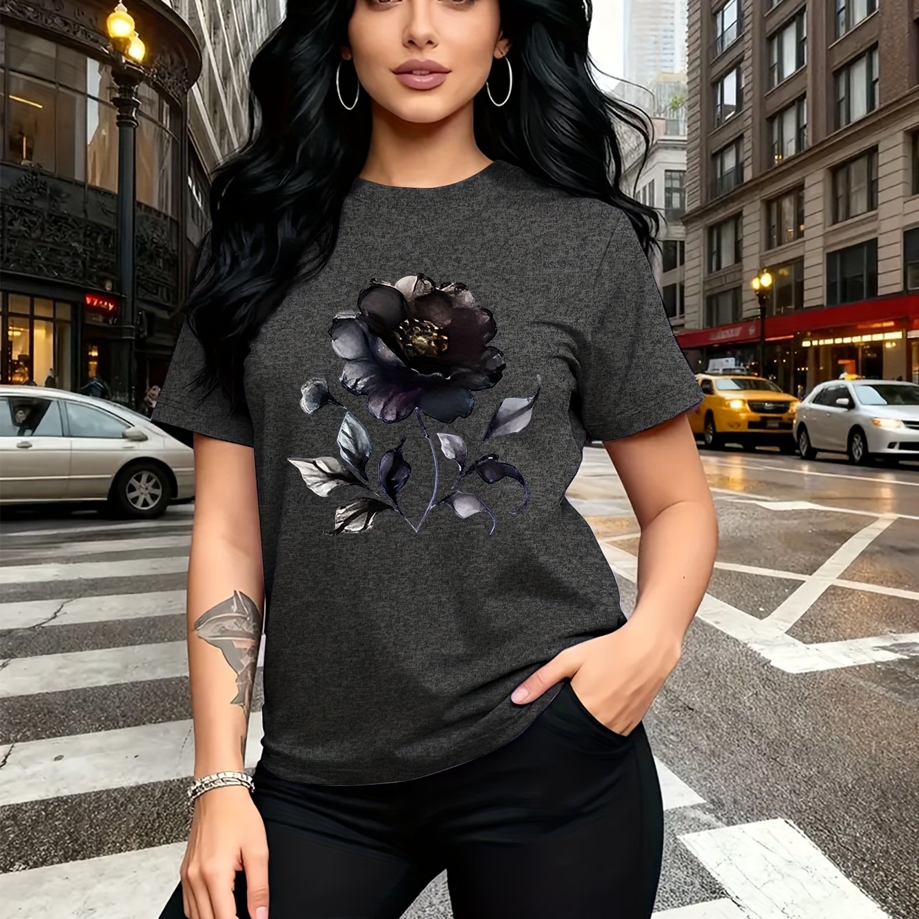 TEMU Dark Style Black And Deep Purple Watercolor Floral Pattern Print Trendy Fashion, Easy Round Neck Casual Versatile Short Sleeve Women's T-shirt