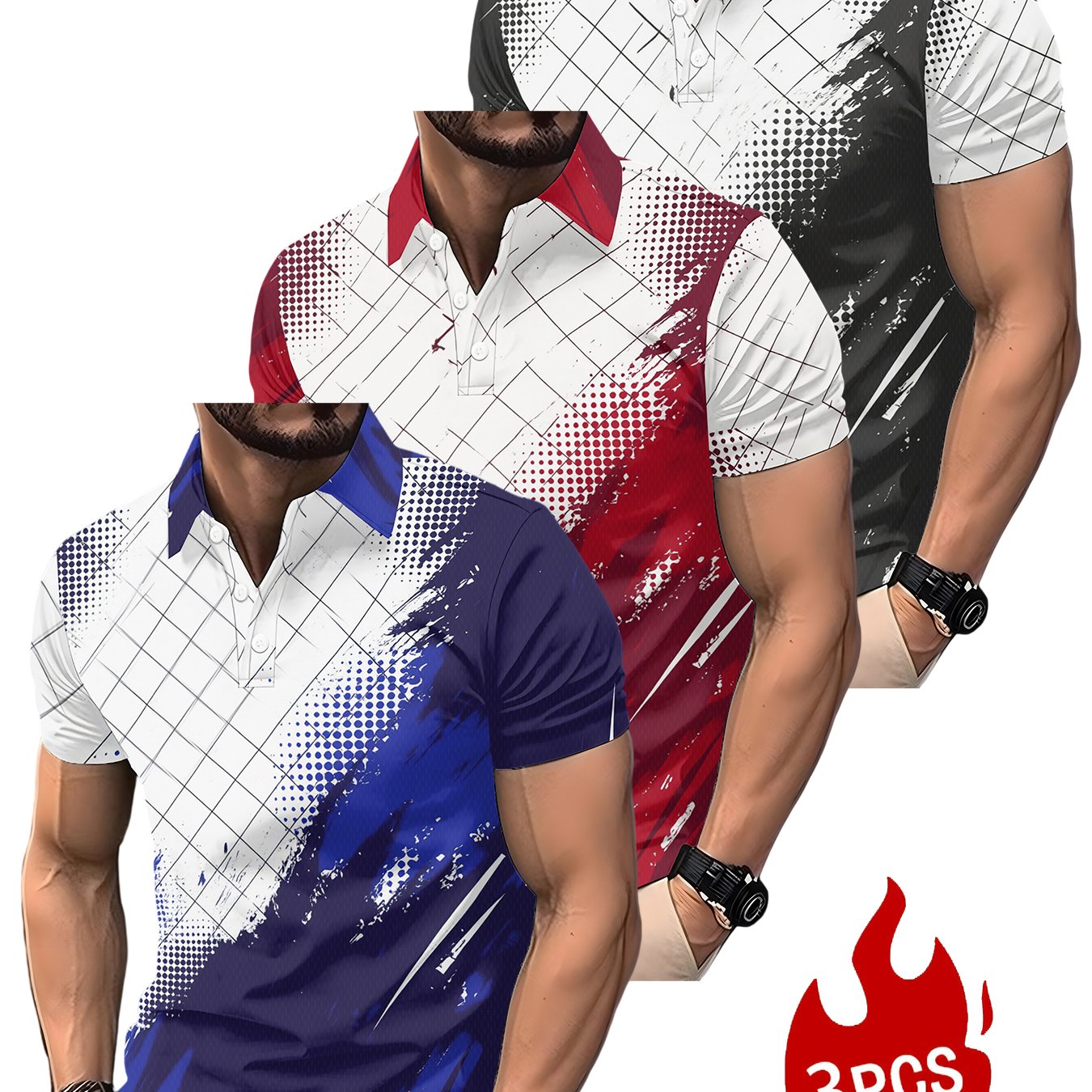 TEMU 3pcs Set Of 3d Printed Men's Short-sleeve Shirts, Sporty Style Tops, Suitable For Minimalist And Casual Outfits, Lightweight And Breathable