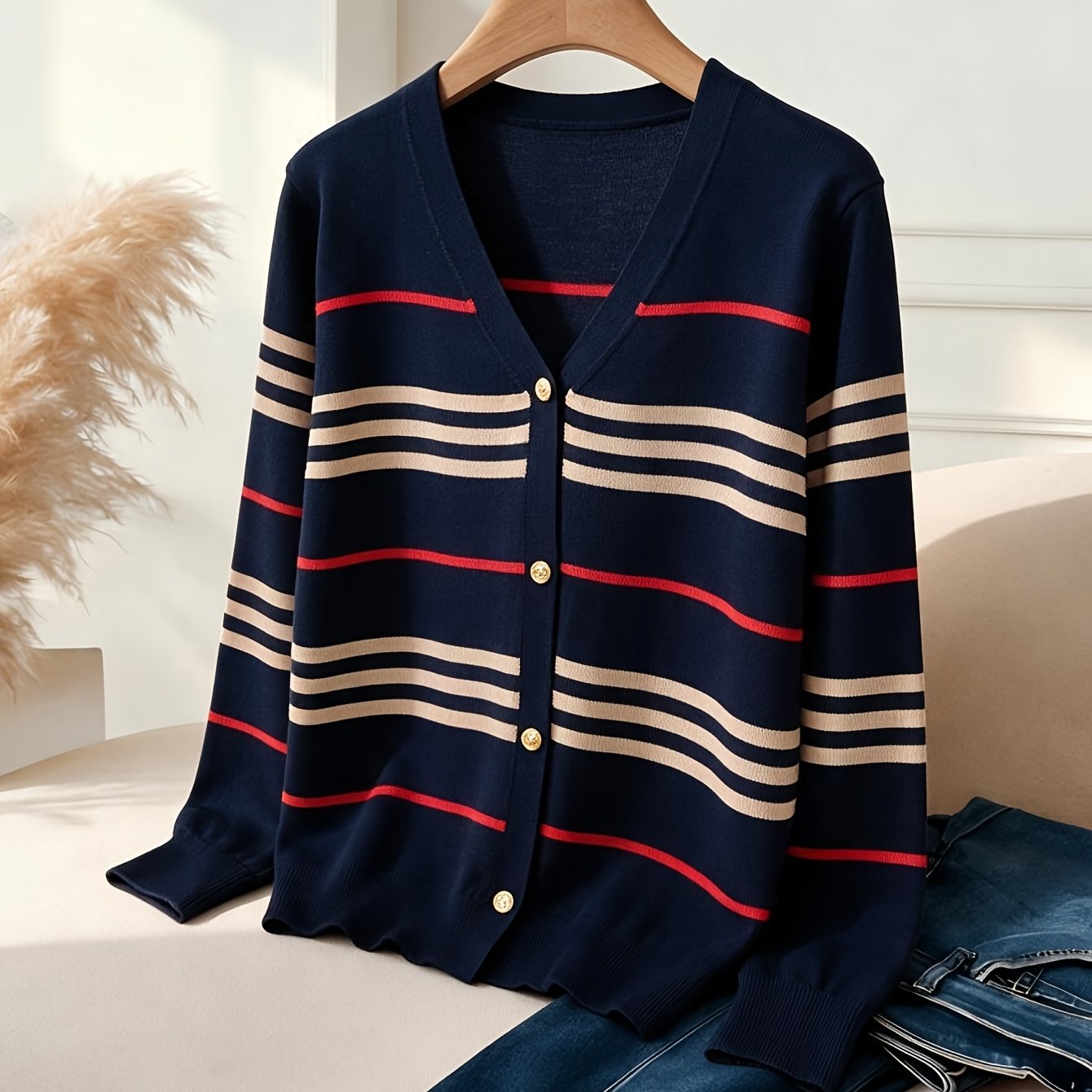 TEMU Navy Design Sense Mode Color-Block Rayé Cardigan Veste Col en V Manches Longues Haut Rayé Cardigan Femme Très Tenue d'Automne Tendance Style