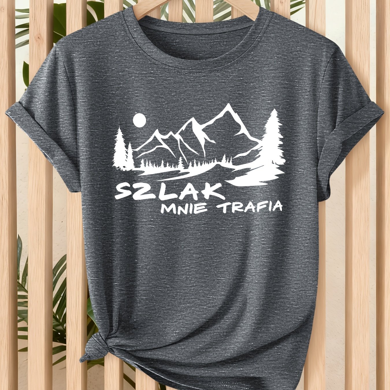 TEMU Women's Vintage Polish Mountain Print T-shirt - Polish Suitable For - Outdoor Hiking & Casual Crew Neck Short Sleeve Top With Polish-themed,