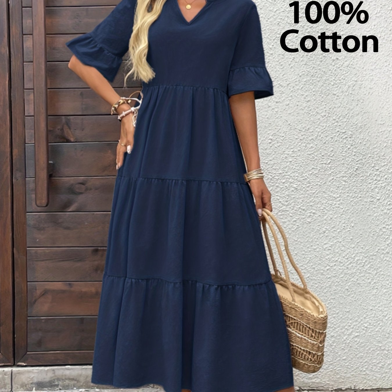 Image of Women's Vacation Solid Color V-neck Dress, Comfortable Pure Dress, Women's Casual Wear With Ruffle Detail