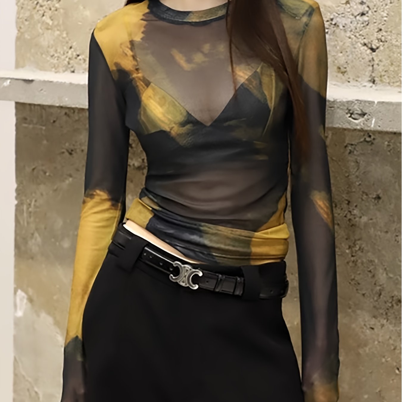 Women&#39;S Sexy Long Sleeve Tie-Dye Sheer Mesh Round Neck T-Shirt Top, All-Season Fashion, Versatile Styling for Casual or Intimate Outfits, Versatile Styling | Seductive Appearance | Stylish Sheer Detail, Ladies T Shirts