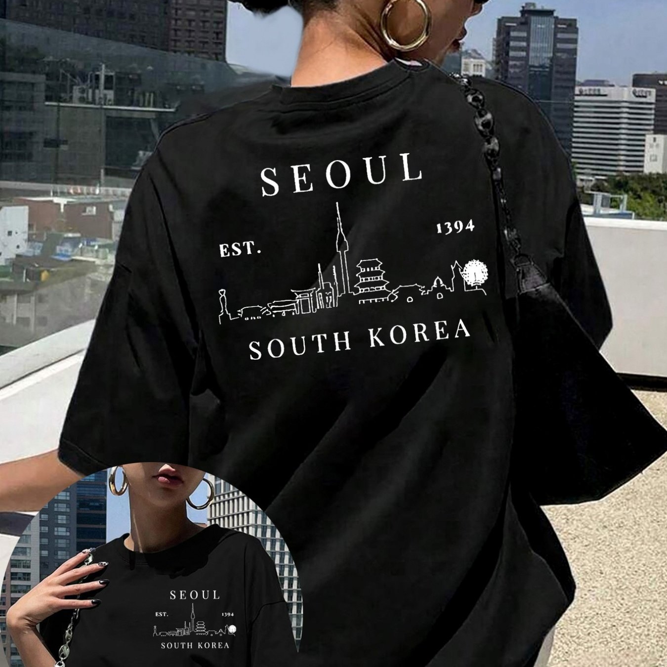 TEMU Women's Letter Print Tshirt Seoul, South Korea Black Shortsleeved Round Neck Casual Top, Medium Elastic Breathable Fabric, Machine Washable And