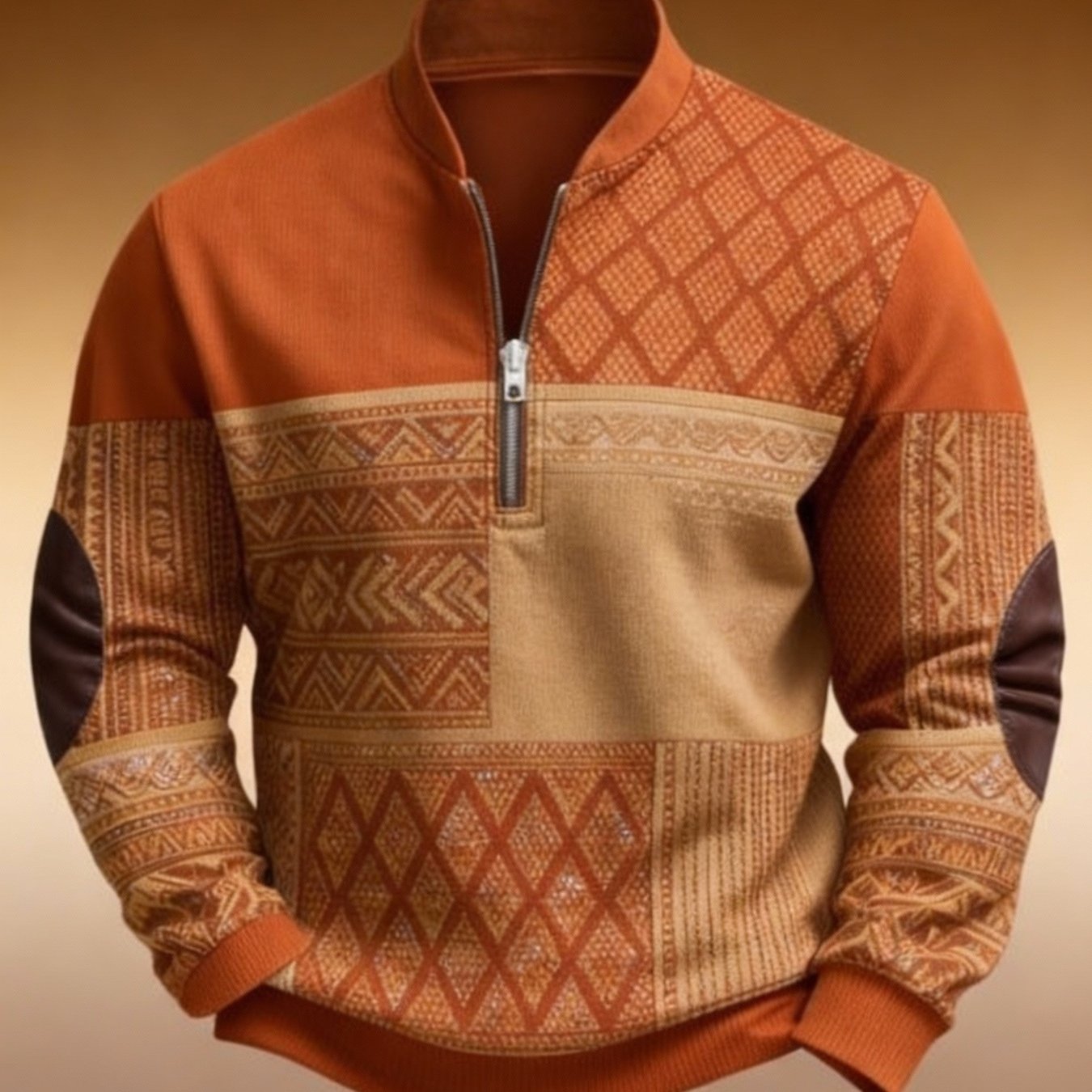 TEMU Men's Half-zip Shirt | Ethnic Style Long Sleeve Top, Casual V-neck, Stretch Fabric, Perfect For Spring And Autumn, Plus Size