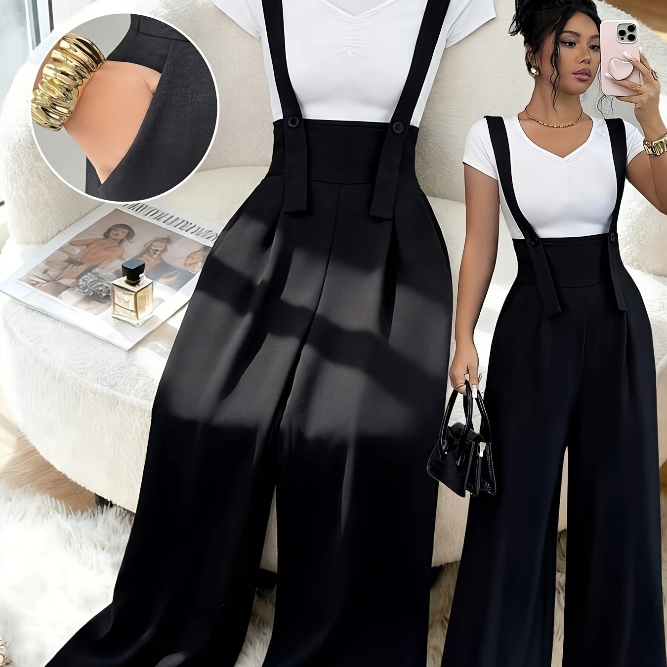 TEMU Women's Elegant Casual Fashion Wide-leg Overalls, Elegant And Fashionable Design High-waist Straight Loose Casual Daily All-match Jumpsuit