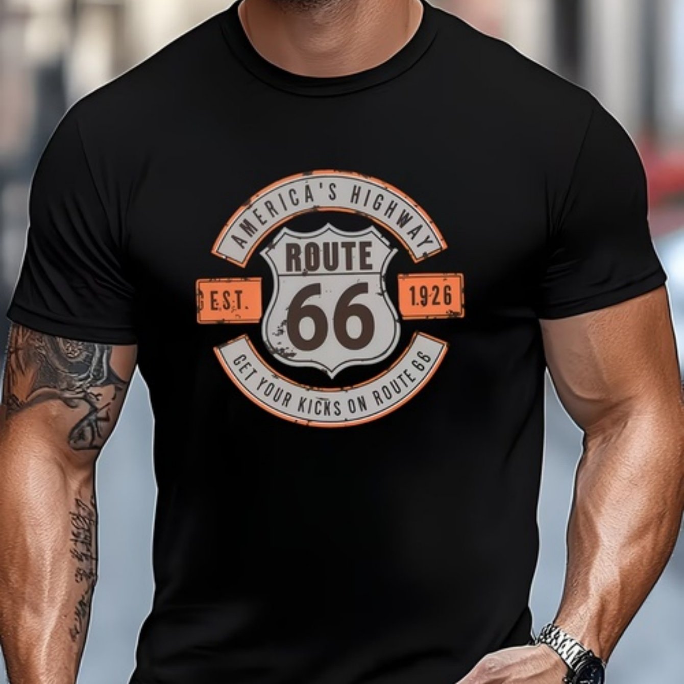 TEMU T-shirt Homme Rétro Route 66 - T-shirt Vintage Manches Courtes Col Rond Imprimé Route 66
