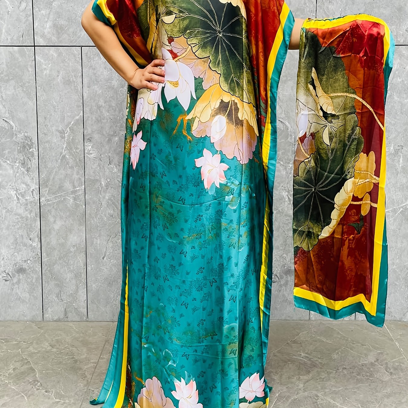 Image of Plus Size Floral Pattern Long Dress, Elegant Short Sleeve Crew Neck Dress With Scarf For Spring And Summer, Women's Plus Size Clothing