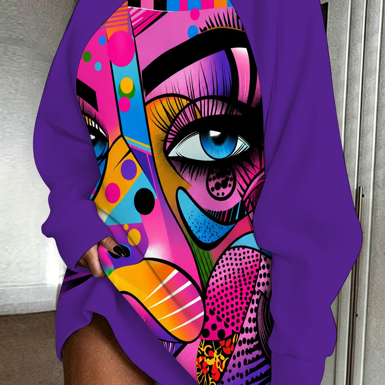 TEMU [digital Printing] Abstract Pop Art Face Women's High Neck Sweatshirt Medium To Long Length Street Party Date Casual Wear