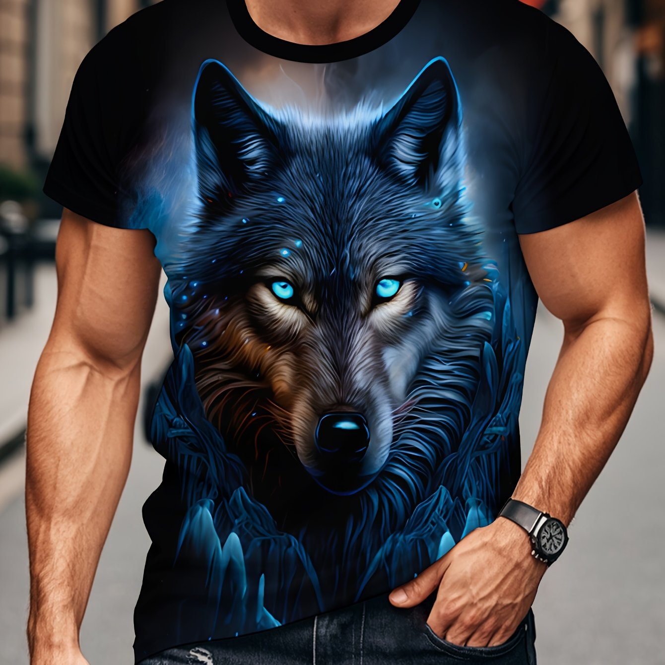 TEMU New Digital Printing Men' Wolf Pattern T-shirt - Black Casual Fashion Thin Breathable Short-sleeved Summer Top, Eyes And Mysterious Night Scene