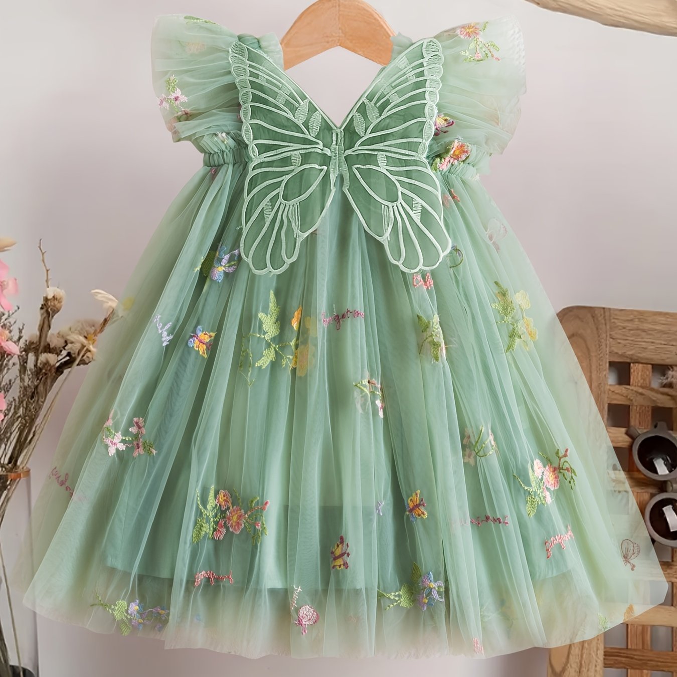 Girl's Adorable Wings Princess Dress, And Flower Embroidered Mesh Tulle Tutu Dress For Girls' Birthday Parties And Gatherings