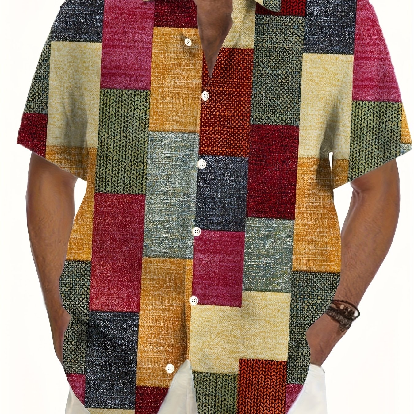 TEMU Retro Geometric Color- Pattern Print, Men's Short-sleeve Shirt