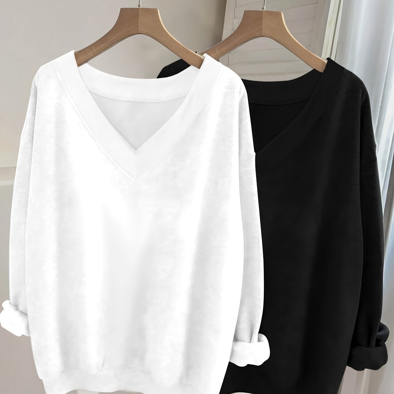 1021gwen, 2pcs Casual V-neck Long Sleeve Sweatshirt Set, Solid Color , Multiple Colors , Women's Wear