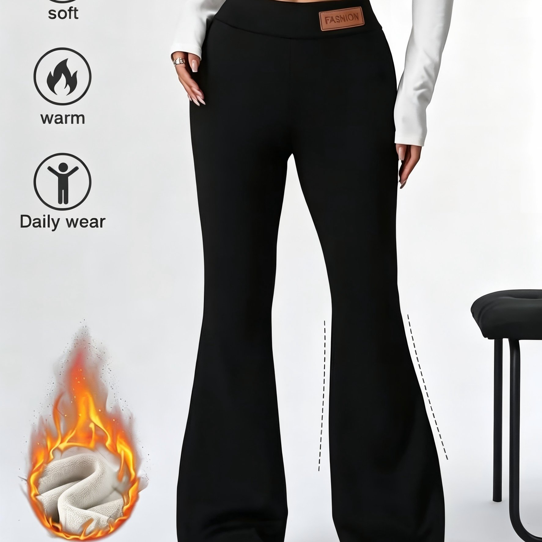 TEMU Directional Women's High-waisted Fleece Lined Flared Pants - , Hip-contouring, Thick Insulating Pants For Cold Weather, Black Pants