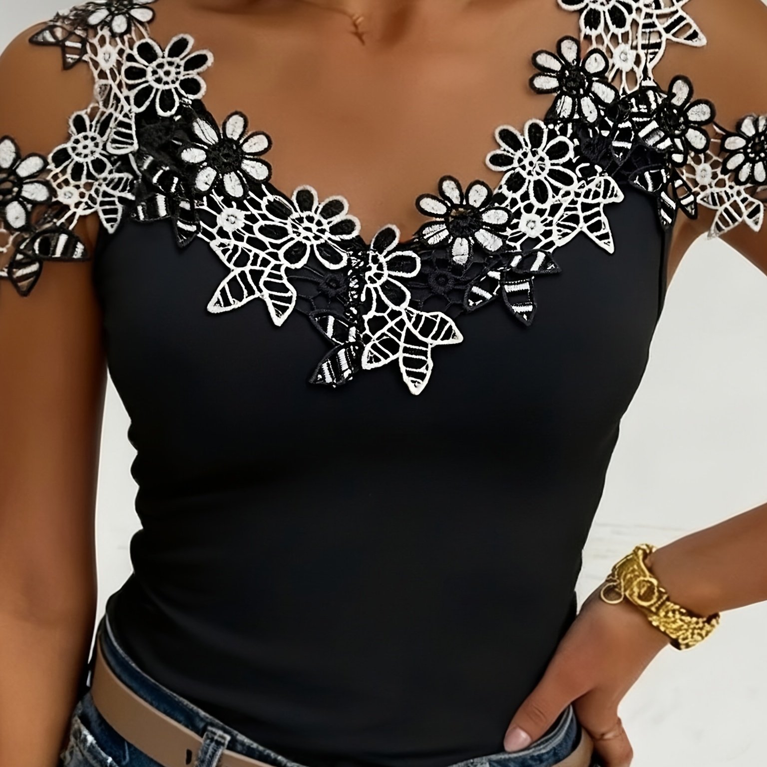 TEMU Women's Fashion Elegant Light Luxury T-shirt - Sweet Strap Top With And White Floral Lace , Off-shoulder V-neck. Sheer Texture Enhances Soft