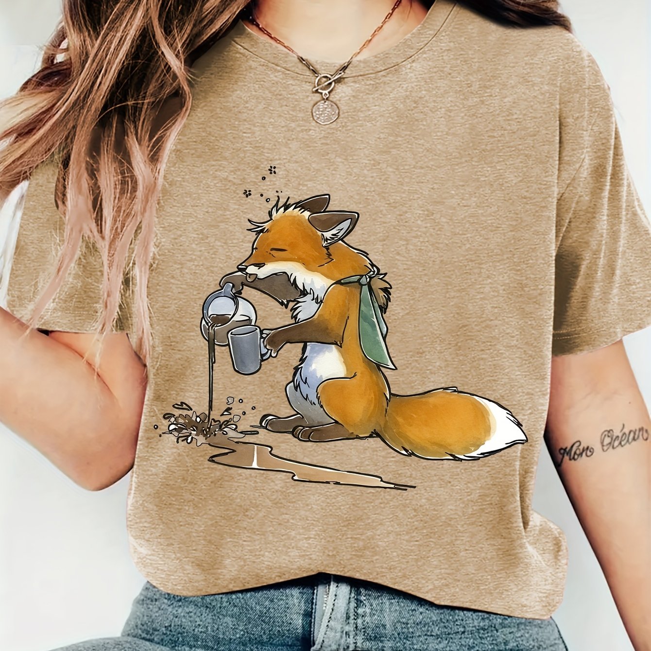 TEMU Ladies' Autumn T-shirt | Mistakenly Water Cartoon Style, Crew Neck, Short Sleeves, Comfortable And Soft, Fashionable And Elegant, Vintage, ,